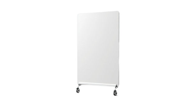 Rolling Whiteboard: A clean, minimalist white board mounted on wheels stands isolated, offering a blank canvas for ideas and presentations. 