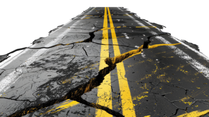 Road to Destruction: A cracked asphalt road, with yellow lane markings, showing a path to the devastation, symbolizing challenges or infrastructure failure.
