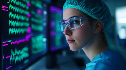 A focused medical professional wearing protective eyewear, intently monitoring complex data readouts displayed on advanced screens, signifying precision. 