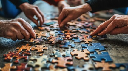 Hands assembling intricate jigsaw puzzle pieces on wooden table, teamwork and problem-solving concept, close-up view.
