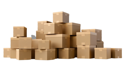 Cardboard Boxes Stacked: A pile of various-sized cardboard boxes stacked, suggestive of a move, shipment, or storage, conveying themes of delivery, moving, storage.
