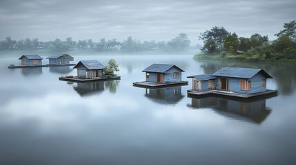 Obraz premium Sustainable Water Community at Dawn - Peaceful Lakeside Living in 4K Detail