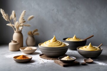 A collection of bowls filled with creamy mashed substances on a textured gray background, adorned with decorative dried grass