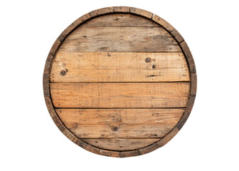 Top view of an old wooden barrel end on a transparent background. Concept of vintage, rustic, and aged wood.