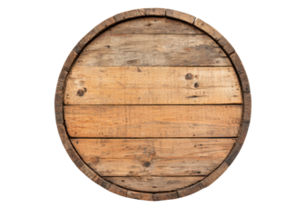 Top view of an old wooden barrel end on a transparent background. Concept of vintage, rustic, and aged wood.