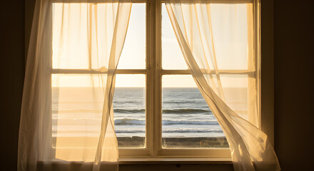Coastal View Through Cottage Window with Sheer Curtains Blowing in Breeze