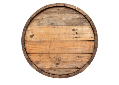 Top view of an old wooden barrel end on a transparent background. Concept of vintage, rustic, and aged wood.