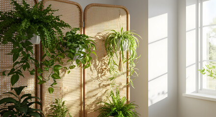 Fototapeta premium Stylish Home Interior Featuring Rattan Room Divider with Hanging Plants