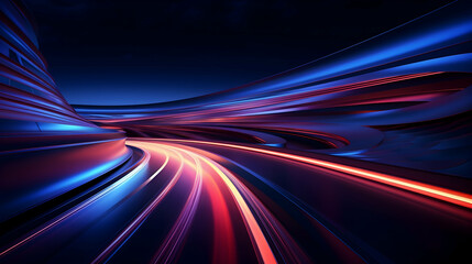 A vibrant journey through a futuristic nightscape, where streaks of red and blue light paint the curving road ahead, creating a dynamic sense of speed and limitless possibilities.