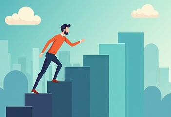 This illustration depicts a man climbing a set of stairs that resemble a bar graph, symbolizing career growth and progress. The man is wearing an orange sweater and blue jeans.