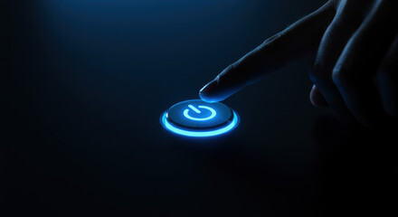Power Up: Finger Pressing Glowing Blue On/Off Button - Modern Technology, Start, Control, and Innovation Visual