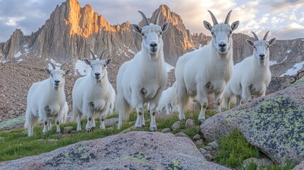 Mountain goats on rocky hillside at dawn, majestic peaks in background