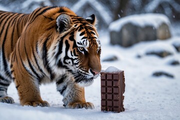 Obraz premium A majestic tiger curiously approaches a large chocolate treat placed on snow-covered ground, showcasing nature's contrasts amid a winter landscape