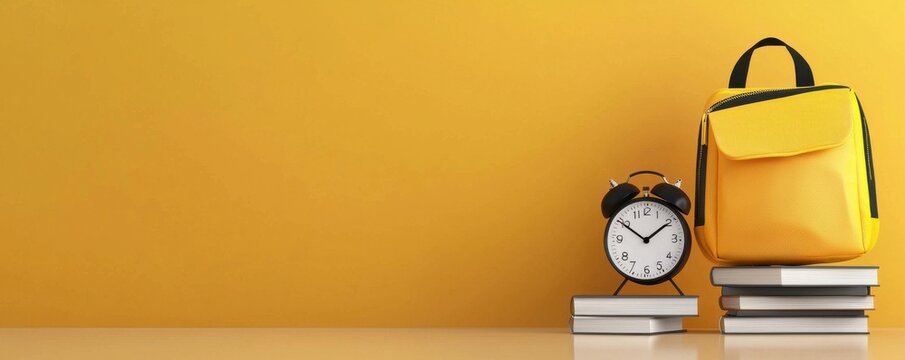 A bright yellow background features a yellow backpack, an alarm clock, and stacked books, symbolizing school and study.