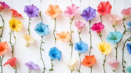 Colorful flowers hanging on strings against white background