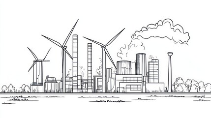 Obraz premium Industrial landscape with wind turbines and smoke stacks. Possible use illustration for educational material or environmental report