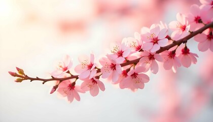 A tree branch covered in pink cherry blossom flowers. The branches are densely packed together, creating a beautiful and delicate pattern. The flowers are in full bloom, with delicate petals .