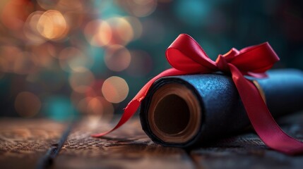 Graduation scroll ribbon on podium with blurred background writing space on the left side