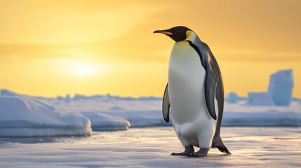 Fototapeta premium A emperor penguin standing on a vast icy landscape, the golden glow of the setting sun reflecting off the frozen surface