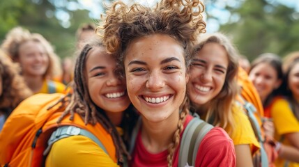 Group of volunteers hugging after successful community event writing space the left side