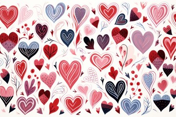 Multiple hand-drawn hearts in different styles, featuring bold lines, soft textures, and playful curves, isolated on a clean white backdrop