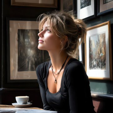 natural light portraits showing a thoughtful young woman sitting by the window in a cozy caf&eacute;, expressing calm emotions