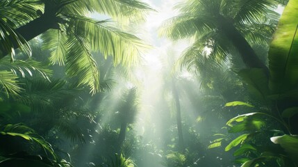 Naklejka premium The palm leaves form a natural canopy, sunlight filters through them and creates a serene atmosphere. generative ai