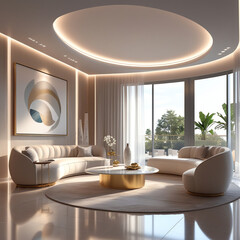 Luxury Minimalist Living Room with Curved Sofa and Floor-to-Ceiling Windows