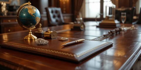  Close up of a gold pen holder and a leather desk blotter. Details that convey luxury and professionalism. Rich, warm lighting.