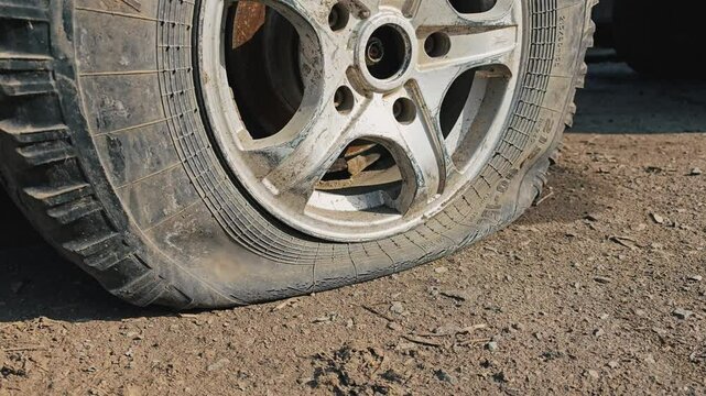 Flat tire of a car on the road