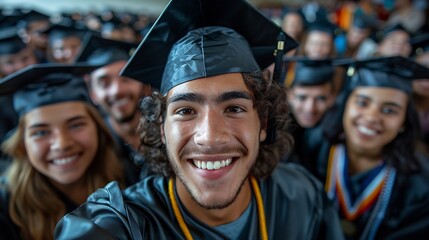 Happy graduate taking selfie gown and cap with friends blank area in the center for message