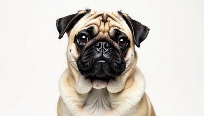 Obraz premium Solo pug, alert expression, pure white backdrop, looking, breed