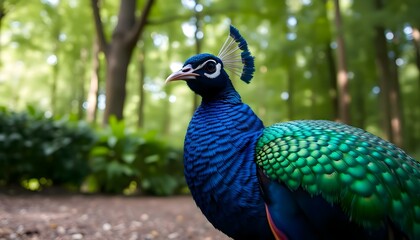 Obraz premium blue and green peacock standing in a forest
