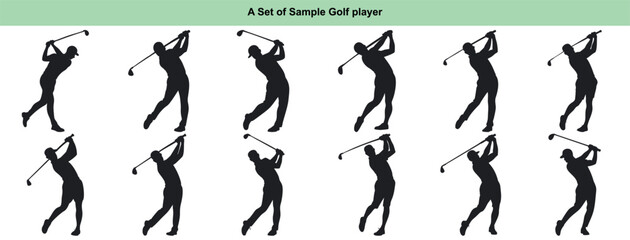silhouette illustrations of a golfer swinging golf club to hit a ball on a transparent background in various poses and stances.