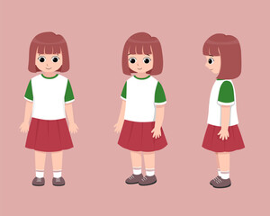 Girl in 3 views, front, side, oblique, suitable for children book