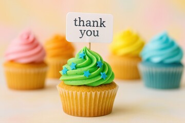 Colorful Cupcakes with Thank You Message, featuring a vibrant green cupcake decorated with stars expressing gratitude and appreciation.