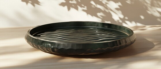 Obraz premium Elegant dark green decorative bowl with water ripples on a wooden surface, illuminated by soft sunlight and leaf shadows, creating a serene and calming atmosphere