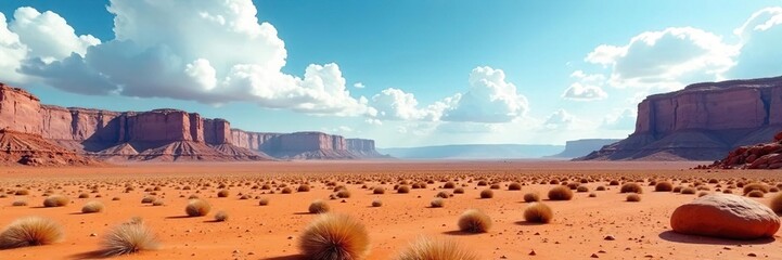 Desert landscape with rocky terrain and vast sky, isolation, landscape
