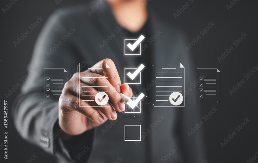 Poster Smart checklist document management certificate and quality control concept, Businessman mark on checklist box database and process automation to efficiently manage files Standardization of product.