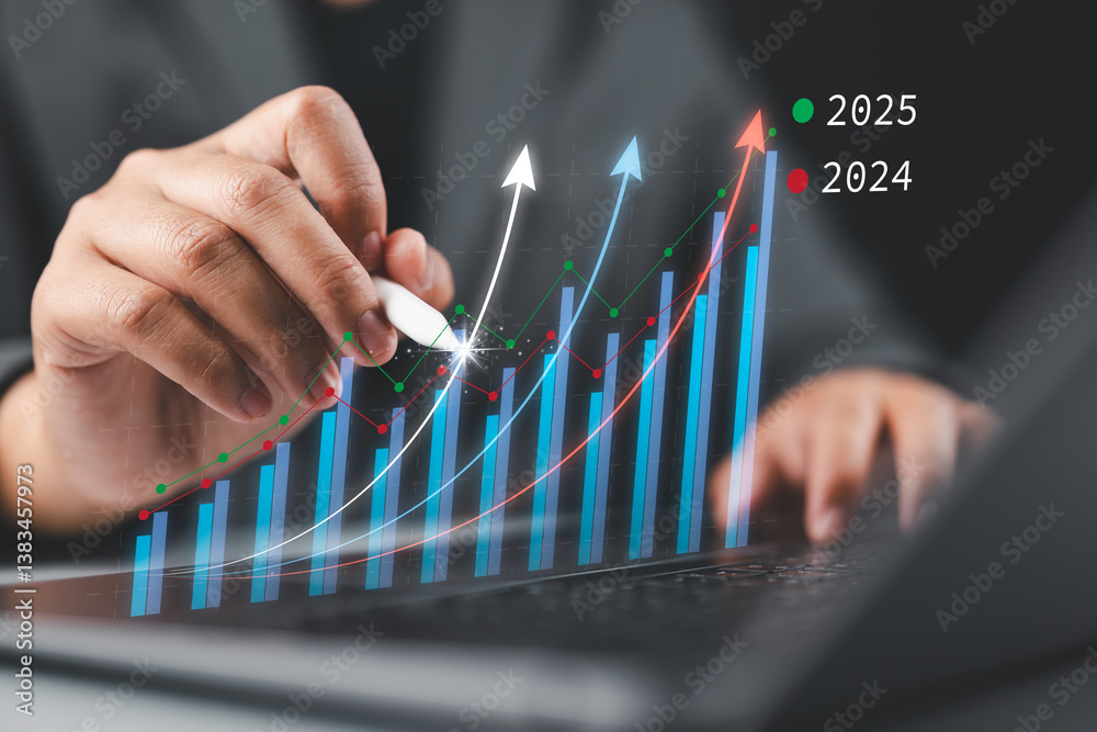 Poster business 2025 graphs statistics to analyze business potential concepts, businessman use laptop analy