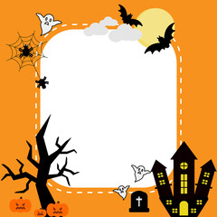 Happy Halloween seamless pattern for the card. Halloween theme with coffin, pumpkins, bats and cats. Black trees and castle background for wallpaper, stationary.