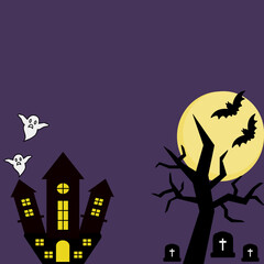 Happy Halloween seamless pattern for the card. Halloween theme with coffin, pumpkins, bats and cats. Black trees and castle background for wallpaper, stationary.