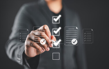 Smart checklist document management certificate and quality control concept, Businessman mark on checklist box database and process automation to efficiently manage files Standardization of product.