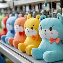 Modern plush toy production line inside a smart factory, modern plush toy production line with automated sewing and stuffing, modern plush toy production line featuring colorful soft toy manufacturing
