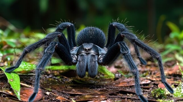 Brazilian black velvet tarantula spider crawling on the forest floor