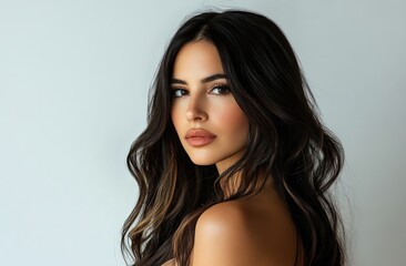 Fototapeta premium Beautiful woman with long brown hair wearing a white dress, posing against a gray background.