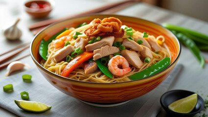 Pancit Canton, presented in a vibrant, round bowl
