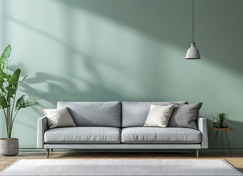 Modern living room in a Dutch apartment with light green walls, a grey sofa, and a white carpet on a wooden floor
