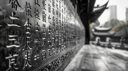 Chinese temple inscription, weathered stone, ancient characters