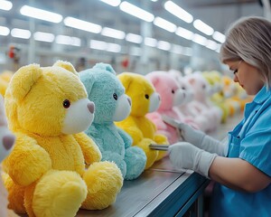 Modern plush toy production line inside a smart factory, modern plush toy production line with automated sewing and stuffing, modern plush toy production line featuring colorful soft toy manufacturing